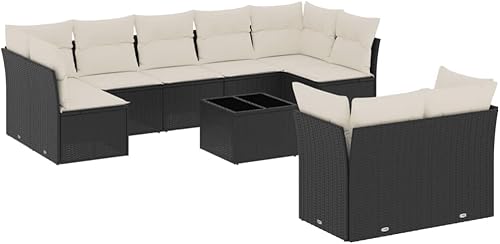 Vista 3 de Modern Outdoor Modular Sofa Set with Removable Cushion Covers, Black Poly Rattan and Cream White Cushions, Weather-Resistant Patio Furniture for
