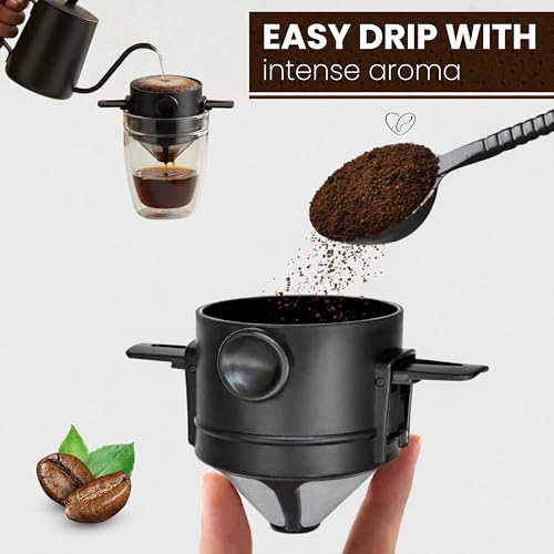 Image of Filter Coffee Maker with Bottom Cup Double Mesh Pour Over Coffee Filter Food Grade SS & Plastic Coffee Dripper 100% Paperless Foldable to Fit Most Cup Keep Coffee Flavour Easy Use & Clean
