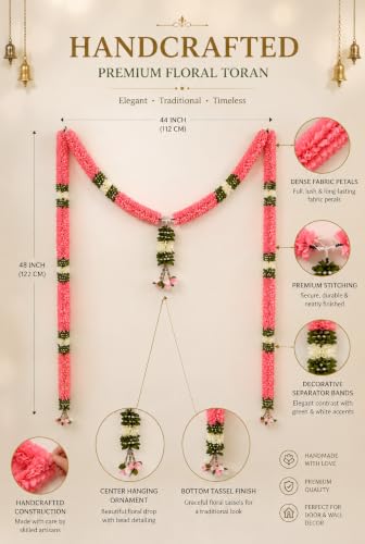 Image of Divyakosh Thorana Set (with Side Hanging), Toran for Main Door Entrance, Fabric, Handmade, Pink & White Floral Banderwal, Big Size, Width 3.5 FT & Height 4 FT