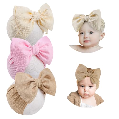 YanJie 3PCS 7'' Big Bows Baby Girls Headbands Soft Stretchy Newborn Bows Infant Baby Hair Bows Toddler Headwrap Hair Accessories Khaki Beige Light Pink