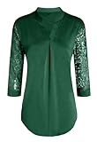 Teesho Damen Bluse 3/4 Arm Elegant Hemdbluse V-Ausschnitt Long Blusen Tunika Shirts Lace Ärmel (Grün/XL)
