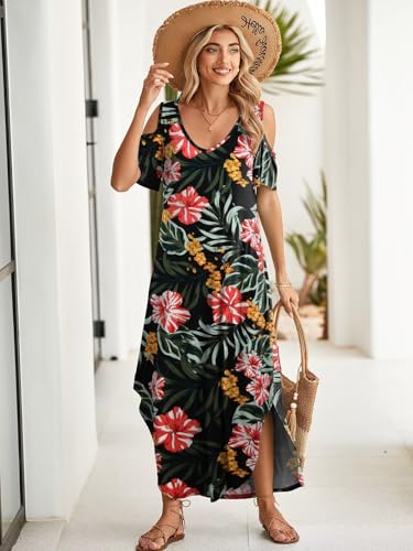 Image of BELAROI Womens Cold Shoulder Maxi Dress Plus Size V Neck Summer Sundresses with Pockets Beach Coverup Vacation Outfits