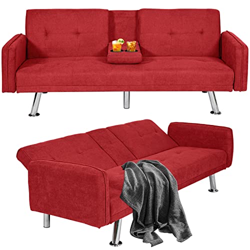 Awqm Futon Sofa Bed,Modern Upholstered Convertible Folding Sleeper Sofa,Recliner Futon Couch Bed With Armrests 2 Cup Holders,For Living Room,Apartment,72.4" L X 18.5" D X 29.9" H,Red #TOP3