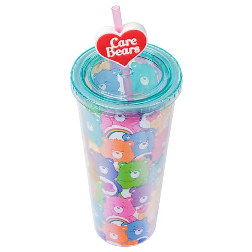Image of Silver Buffalo Care Bears Rainbow, Plastic Cold Cup, 24oz | Cheer, Share, Wish, Good Luck, Grumpy, Friend, Bedtime, Harmony, Love-A-Lot, Lid, Straw Topper, Funshine, 0.71 Liters