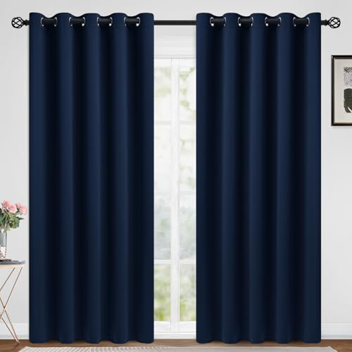 Image of COSVIYA Grommet Blackout Room Darkening Navy Blue Curtains 96 inch Long | Thick Polyester Light Blocking Insulated Thermal Curtain Drapes for Bedroom /Living Room,2 Panels,62x96 inches