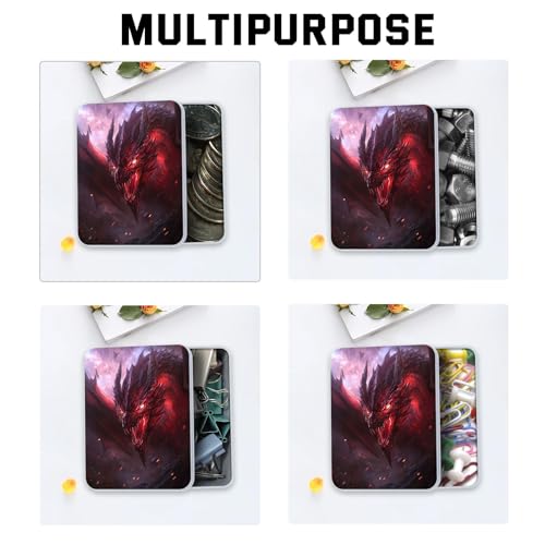 Image of Metal Tin Box with Lid,Multi-functional Storage Box Can Store Tea Biscuits Game Cards, Playing & Tarot Cards-Comes with 4 Magnetic Cord Clips,Red Dragon Portrait