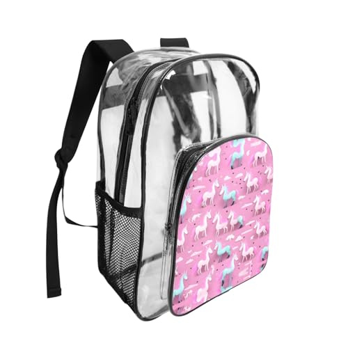 Mochila transparente escolar Many Unicorns de PVC rosa con bolsillos 2