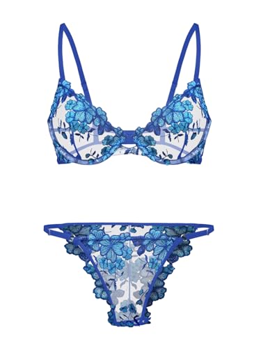 Image of Lilosy Sexy Floral Embroidered Mesh Sheer Underwire Lingerie Set