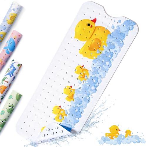 Bath Mat Non Slip Cute Yellow Duck - 100x40cm Extra Long Kids Bath Mat Anti Mould, Machine Washable Toddler Shower Mat with Suction Cups for Secure Grip, Easy Clean & Fast Drying