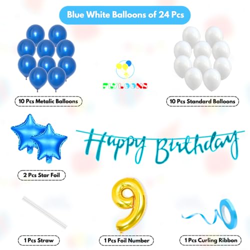Image of Flyloons 9th Happy Birthday Decoration Kit Blue White for Boys Girls Kids Twins Men Women With 20 Pcs Metallic Balloons Birthday Banner 2 Pcs Star Items Set