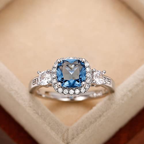 925 Sterling Silver Plated Cushion Cut Blue Cubic Zirconia CZ Halo Wedding Band Ring Engagement Ring for Women2