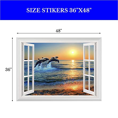 Dolphin Stickers Ocean Themed Wall Decals, Beach Stickers Dolphin Decals For Walls Window Wall Sticker Beach Window View Wall Decal Wall Murals Sunset 36” X 48” For Living Room Bedroom Kitchen #TOP5