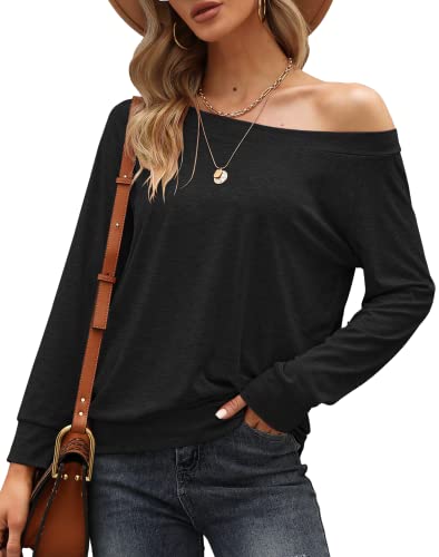 Odosalii Damen Langarm Schulterfrei Sweatshirt Pullover Casual Langarmshirt Oberteil Tunika Tops, Schwarz, M Cover