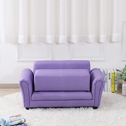 Yoonnie Room 2-Seater Kid Couch With Big Ottoman,Kid Sofa Chair With Linen Fabric,Children Sofa Couch For 0-3 Age Kid Gift,Purple #TOP7