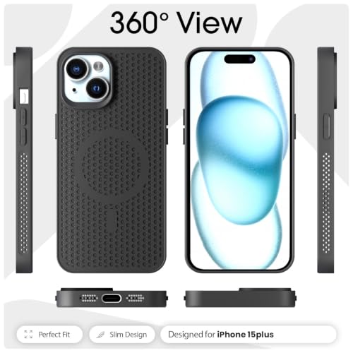 Image of Pikkme Back Cover for iPhone 15 Plus | Honeycomb Cooling Design | Silicone Heat Dissipation | Mag-Safe Compatible | Shockproof Camera Protection Bumper Case (Black)