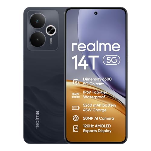 realme 14T 5G Smartphone, 8+256 GB Nero - Dimensity 6300 5G, Batteria Titan 6000 mAh, Ricarica Rapida 45W, IP69, Display AMOLED Esports 120Hz, Raffreddamento VC Bionico, GT Boost