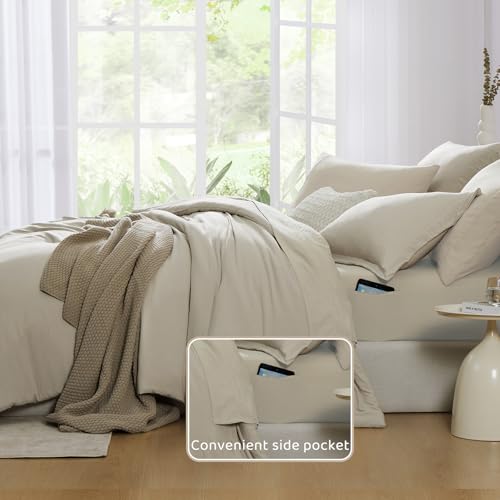 Image of Queen Comforter Set-7 Pieces Soft Prewashed Bed in a Bag Queen Bedding Sets | All Season Comforter with Sheets, Pillow Shams & Pillowcases, Light Oatmeal