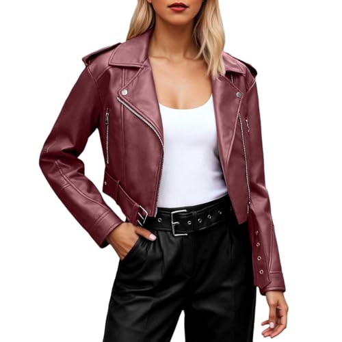 Generisch Chaqueta de cuero para mujer, cuello de solapa, chaqueta de piel sintética, elegante, informal, chaqueta de piel sintética, cálida, mullida, chaqueta de entretiempo, retro, informal