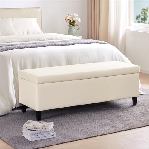 Image of HUIMO Faux Leather Storage Ottoman Bench 50.3 inch Extra Long Upholstered Bedroom Bench with Large Storage Space for The Living Room, Entryway, Bedroom Hold Up to 300lbs (Cream)