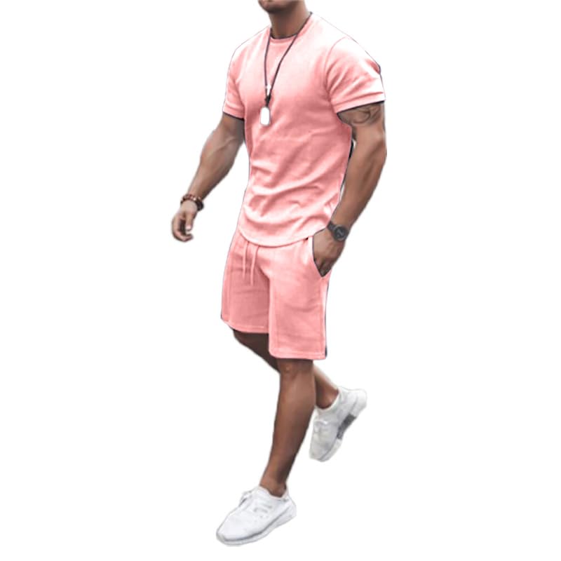 congluoki Men's Shirt and Shorts Set 2 Piece Outfits Fashion Summer Tracksuits Casual Sportwear Set Pink M