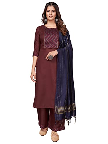 Image of Vbuyz Women's Cotton Blend Solid Straight Stitched Kurta Palazzo with Dupatta (VF-KU-1881-SKD-38 Maroon Medium)