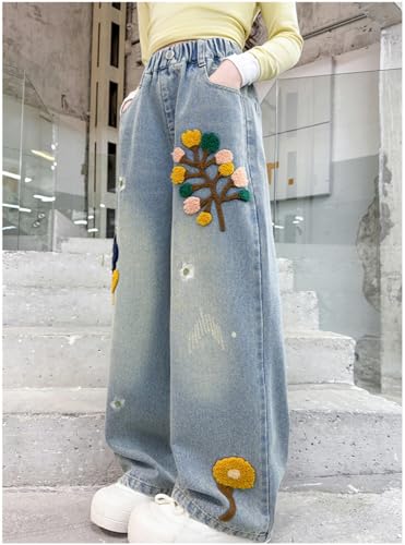 HBER Girl’s Baggy Straight Leg Jeans Casual Y2K Cute Embroidered Elastic Waist Loose Fit Denim Pants for Kids Teen Girls3
