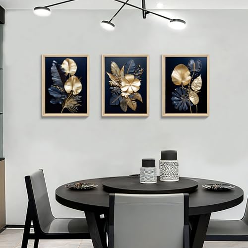 FajerminArt 3 Panels Modern Framed Canvas Wall Art Navy Blue Gold Flowers Coconut Leaves Pictures Painting on Canvas Prints for Living Room Bedroom Office Wall Decor Stretched On Frame 30x40cmx3 Pcs - Image 4