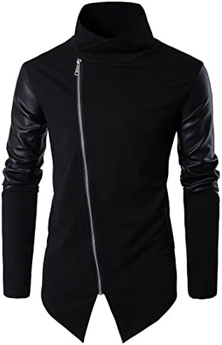Tristin Men's Casual Jacket Zip Up Lightweight Turtleneck Asymmetrical Cotton Leather Long Sleeve Outwear Coat, Black, Medium