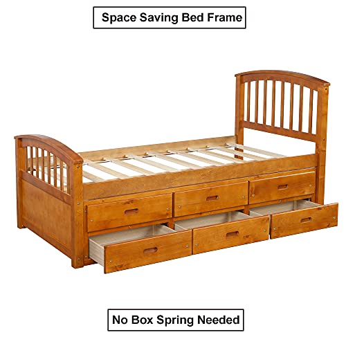 Julyfox Storage Bed Frame Twin With 6 Drawers, Oak Pine Wood Bed Platform With Headboard Footboard Wood Slats No Box Spring Need Heavy Duty Captain’s Bed For Kids Teens Single Adult Small Spaces #TOP4