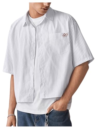 SweatyRocks Men's Striped Button Down Shirt Short Sleeve Collared Loose Fit Crop Shirt with Pocket