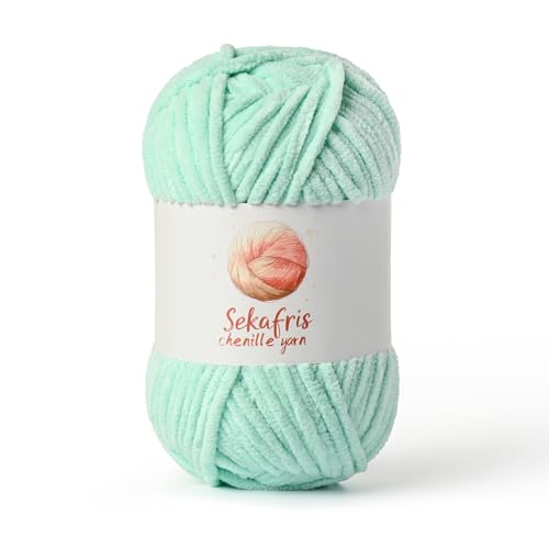 Mint Green Chunky Chenille Yarn for Crocheting, Bulky Velvet Yarns