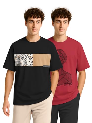 Image of BULLMER Trendy Half Sleeve Oversized Cotton Blend Crew Neck Tshirt for Men - Pack of 2