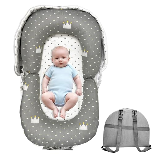 Image of Baby Lounger, Foldable Portable Waterproof Baby Nest Cover, 0-24 Months Newborn Tummy Time Training & Seating Support Pillow, Dual-Use Breathable Infant Lounger Backpack for Home & Travel (Gray)