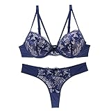 Necalisi BH und Slip Set Damen Blau Damen Spitzen Push Up BH Push Up BH mit Bügel BH Unterwäsche Damen Soft Bra BH Grosse grössen 90E