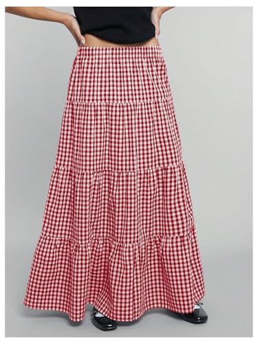 MakeMeChic Women's Plaid Maxi Skirts A Line Ruffle Tiered Layer Y2K Flowy Casual Long Skirts4