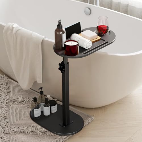 Uptyia Mesa Auxiliar Regulable en Altura 40~82 cm, Mesa de Centro Ovalada, Bandeja de Baño de Bambú, Mesita de Noche Pequeña para Sofá, Dormitorio u Oficina, Color Negro