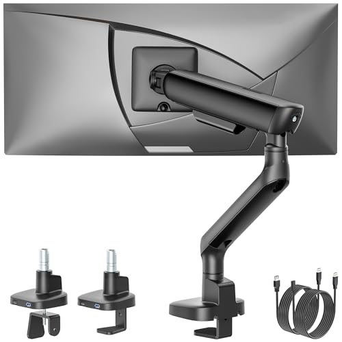 Image of monTEK Mechanical Spring Single Monitor Arm with USB for 40in Screen Black | Built-in One-Way Bearing, Holds 26.4 lbs, VESA 75 /100mm, C-Clamp /Grommet Base & Cable Management, Office, Home, Game