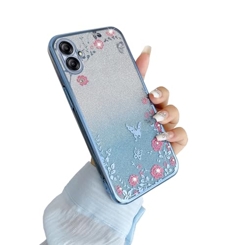 Image of Case for Galaxy A04e, Women's Gradual Change Glitter Crystal Soft TPU Stylish Butterfly Floral Heart Clear Protective Cover with Strap for Samsung Galaxy A04e (Blue)