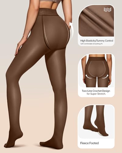 Image of OEAK Womens Fleece Lined Tights Fake Translucent Pantyhose Thermal Opaque High Waisted Winter Legging Footed Sheer Tights 300g Toffee 2XL