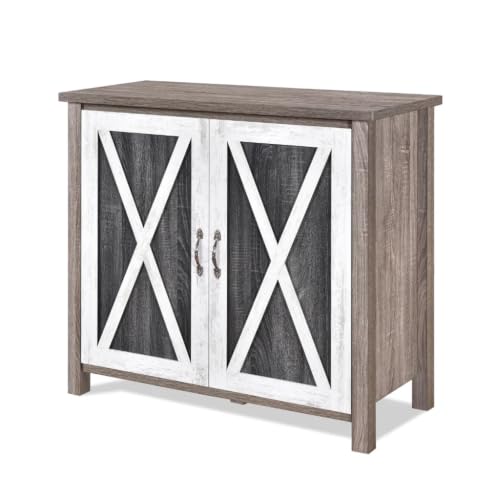 Image of Haven Engineered Wood Storage Cabinet | Farmhouse Sideboard with Double Doors & 3 Shelves | Multi-Purpose Storage Organizer for Living Room, Dining Room & Bedroom | Rustic Grey & White Finish