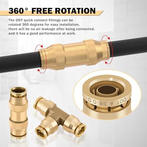 Image of CheeMuii 35 PCS Brass DOT Air Line Fittings Kit 1 /4 3 /8 1 /2 DOT Quick Connect Air Fittings Straight & Tee Union Push to Connect Air Hose Fittings for Semi Truck Trailers Air Brake System