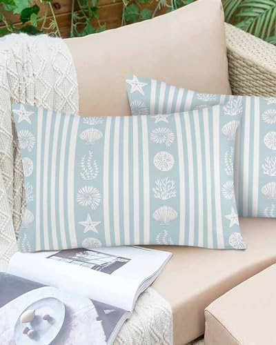 Boanket Lumbar Pillow Covers 12 x 20 in, Sky Blue Striped Coastal Waterproof Throw Pillow Cover Set of 2, Nautical Beach Starfish Shell Home Decorative Rectangle Cushion Covers for Patio/Couch/Garden