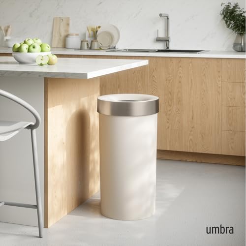Image of Umbra Vento Kitchen Trash Can, Open Top Bin, 16.5 Gallon, Sand /Nickel | Brushed metal accents, bag concealing design, easy wipe clean, fits home and office, durable plastic