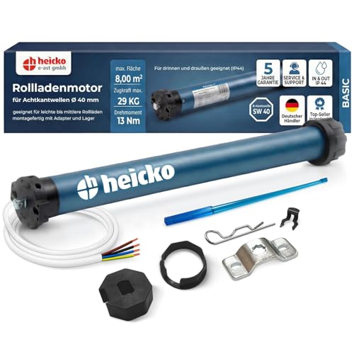 heicko Rollladenmotor | 13 Nm für SW40 Achtkantwelle | 29kg Zugkraft | Ohne Funk | Mechanische Endschalter | Leiser Rohrmotor | Wartungsfrei | IP44 Schutz für Innen und Außen