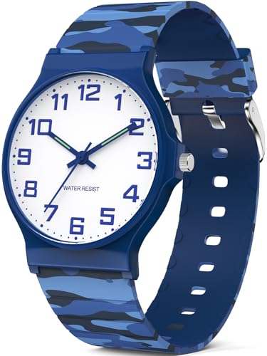 SOCICO Kinder Analoguhr Jungen Mädchen, 30M Wasserdicht Leicht Ablesbar für 5-15 Jahre, Tolle Geburtstags Kinder (Camo-Blau)