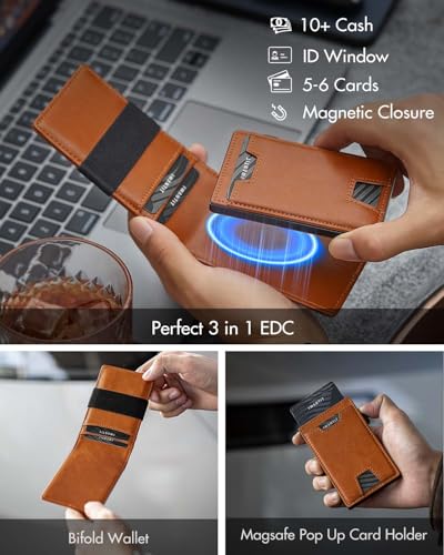 Image of iwantit 3 in 1 Magsafe Wallet Men: Bifold Wallet + Magnetic Wallet for iPhone - Detachable Cash Strap, Smart Pop Up Card Holder, ID Window, Premium Leather (Orange-red)