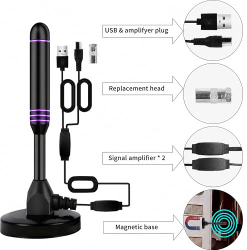 Image of Indoor TV Antenna with 2 Signal Boosters & 32FT Cable - Digital Antenna for Smart TV, Magnetic Base, Supports 4K 1080p - Dual Amplifiers for Long Range Reception of Local Channels(Purple)
