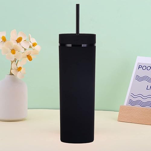 Miniatura 4 de Essasea Vasos de color negro mate con tapas y popotes. Vasos delgados de 16 onzas a granel. Vasos acrílicos de plástico de doble pared para batidos