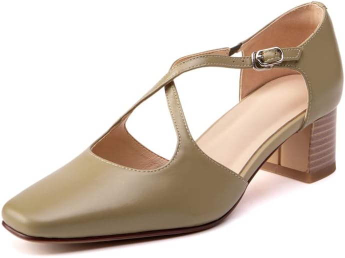 TinaCus Genuine Leather Women's Square Toe Handmade Cross Belt Buckle Low Chunky Heels Stylish Pumps Shoes