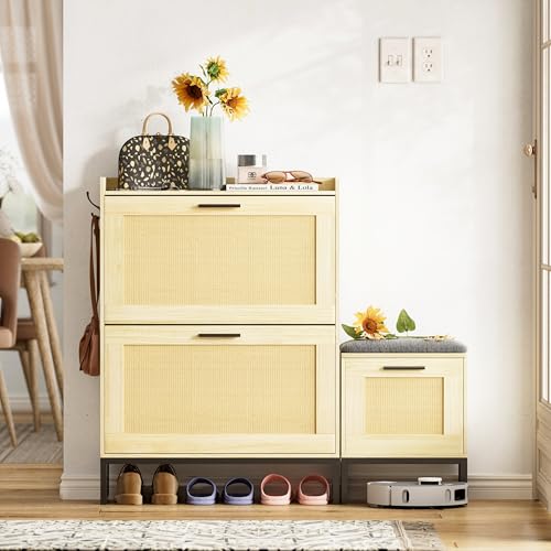 Image of Maupvit Shoe Cabinet Storage for Entryway with Bench, Natural Oak Rattan Narrow Shoe Cabinet with 2 Flip Drawers, Wooden L-Shaped Shoe Rack Slim Shoes Storage Organizer for Hallway, Entrance